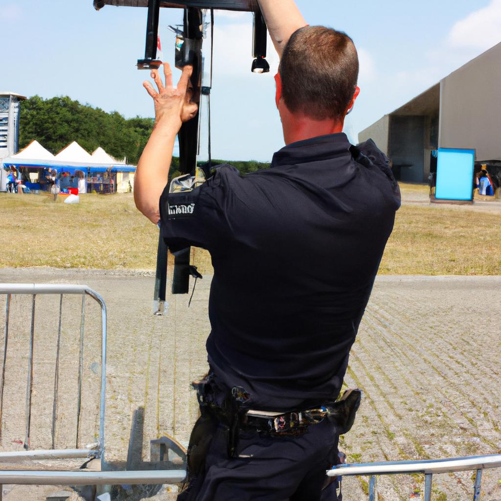 Person demonstrating non-lethal police equipment